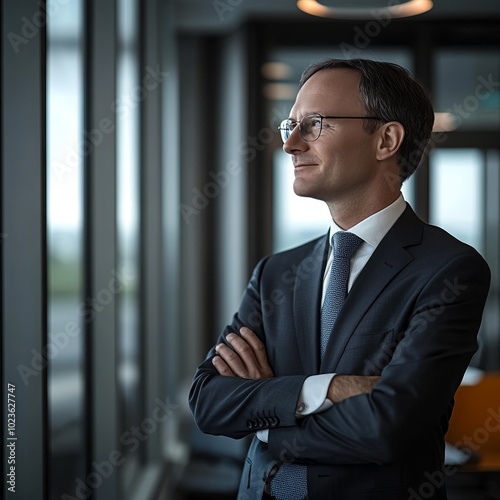 Confident, Successful Businessman in Suit with Arms Crossed Looking Out Office Window