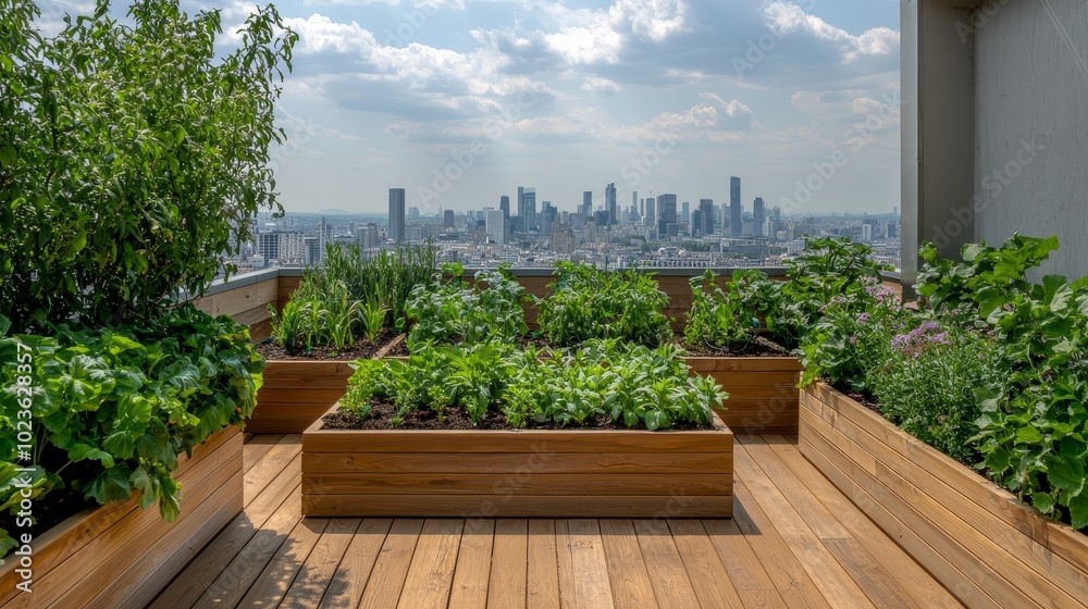 Serene Rooftop Garden Oasis with Urban Skyline Background - Natural Greenery Harmony Stock Photo for Urban Living, Design Inspiration Serene Rooftop Garden Oasis with Urban Skyline Background - Natural Greenery Harmony Stock Photo for Urban Living, Design Inspiration