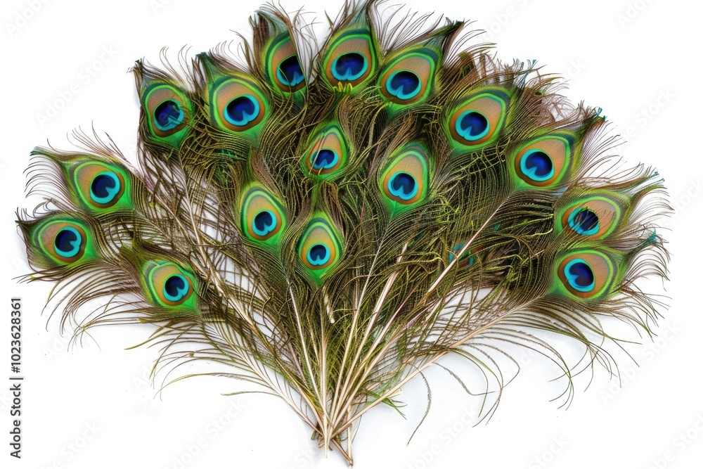 Obraz premium Bright green peacock feathers on white background top view