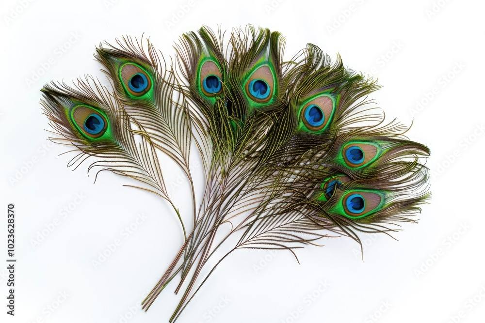 Obraz premium Bright green peacock feathers on white background top view