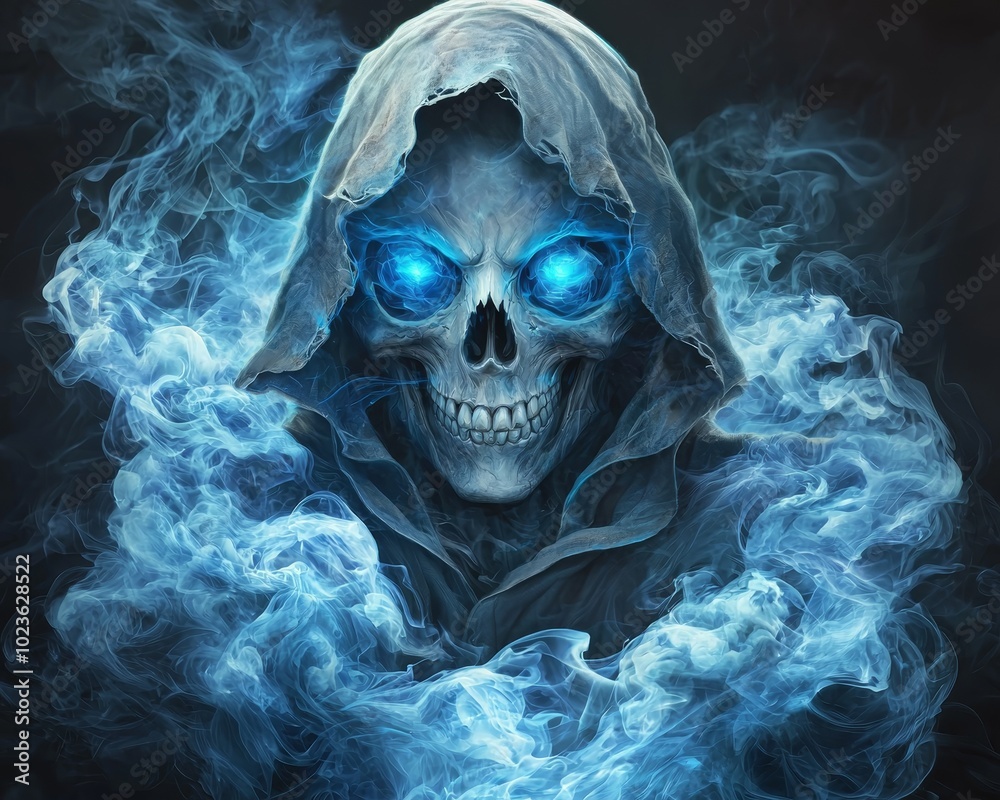 Ethereal Skull Portrait Menacing White Cloak and Glowing Blue Eyes in Dark Void - Fantasy Horror Illustration Ethereal Skull Portrait Menacing White Cloak and Glowing Blue Eyes in Dark Void - Fantasy Horror Illustration