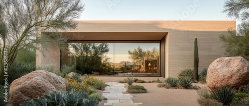 Serene Desert Oasis Contemporary Minimalist Home with Glass Window Reflection, Tranquil Landscape - Architectural Harmony and Serenity