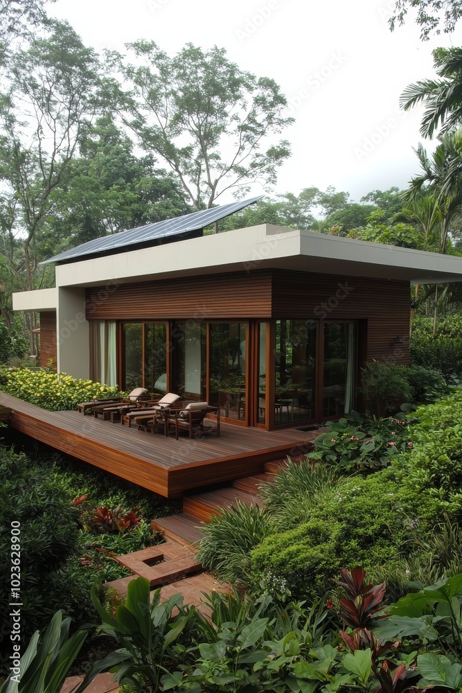 Serene Modern Eco House in Tropical Paradise with Solar Panels and Wooden Deck, Tranquil Greenery Surrounding, Luxury Living Concept Serene Modern Eco House in Tropical Paradise with Solar Panels and Wooden Deck, Tranquil Greenery Surrounding, Luxury Living Concept