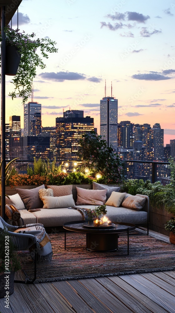 Fototapeta premium Stylish Rooftop Garden with Cozy Seating
