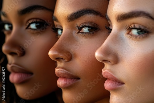 Three Women Showcasing Diverse Beauty With Striking Features and Expressions During a Close-Up Portrait Session in Natural Light