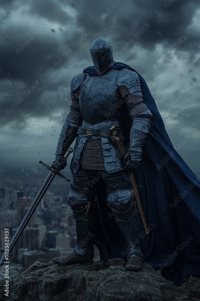 Fototapeta premium Majestic Knight in Blue Stoic Warrior Overlooking Cityscape in Stormy Weather - Medieval Fantasy Concept for Design Projects