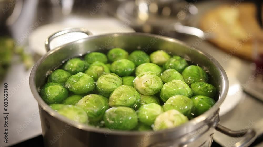 Sprout preparation, boiling action, kitchen routine. Close-up shows Brussels sprouts bubbling in stainless steel pot on kitchen counter, surrounded by other cooking tools. Sprout preparation, boiling action, kitchen routine. Close-up shows Brussels sprouts bubbling in stainless steel pot on kitchen counter, surrounded by other cooking tools.