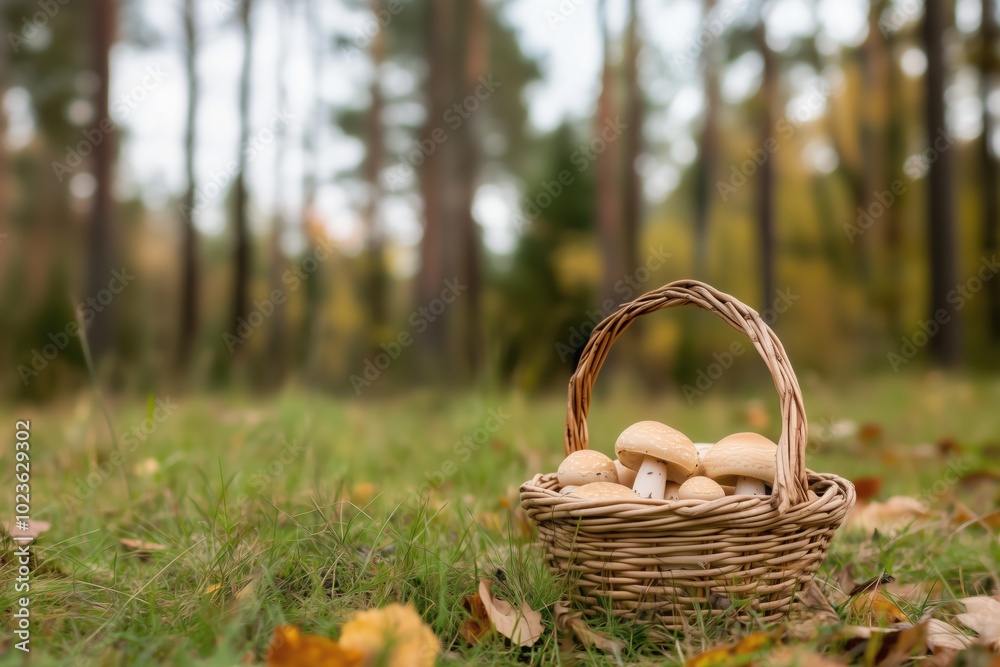 A wicker bow of mushrooms stands at the edge of the forest. Small basket with mushrooms on green grass, space in front of forest, trees. A wicker bow of mushrooms stands at the edge of the forest. Small basket with mushrooms on green grass, space in front of forest, trees.