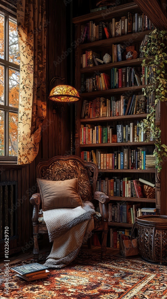Cozy Reading Nook with Wooden Bookshelf Cozy Reading Nook with Wooden Bookshelf