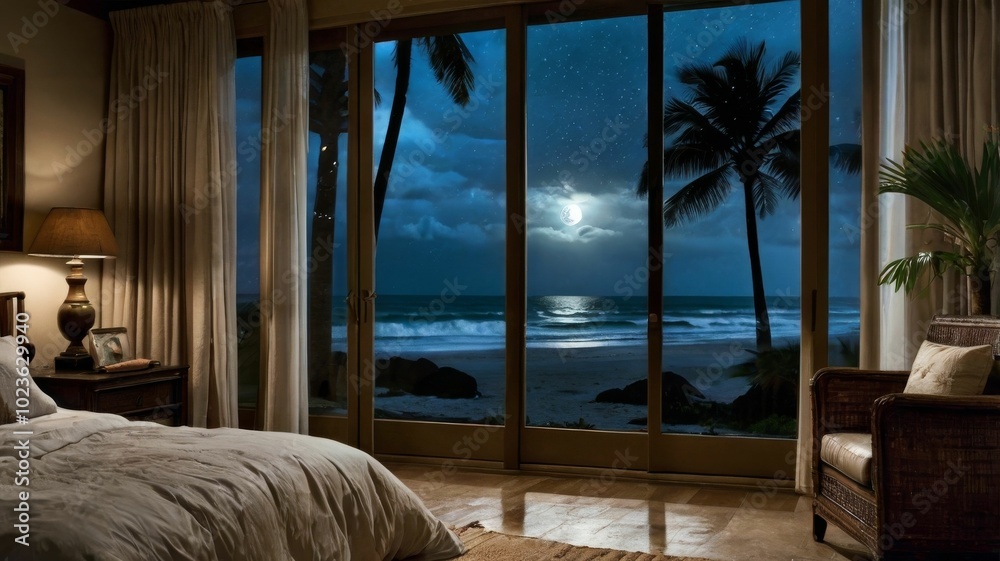 A serene bedroom with a large window that takes up most of the wall, offering a view of a moonlit beach on a stormy night. A serene bedroom with a large window that takes up most of the wall, offering a view of a moonlit beach on a stormy night.