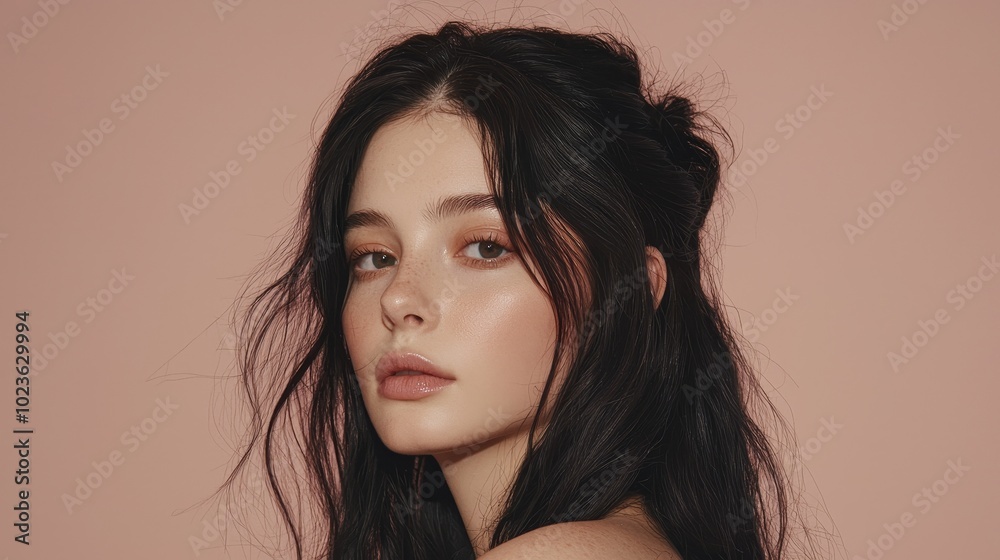 Ethereal Beauty Close-Up Portrait of Young Woman with Dark Hair, Serene Expression in Soft Pink Aura Romantic Beauty Concept Ethereal Beauty Close-Up Portrait of Young Woman with Dark Hair, Serene Expression in Soft Pink Aura Romantic Beauty Concept