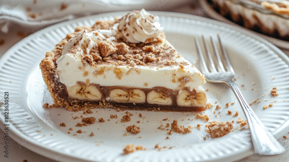 A half-eaten slice of Banoffee pie on a white plate, with crumbs scattered and a fork lying beside it, capturing the indulgence of this decadent dessert. A half-eaten slice of Banoffee pie on a white plate, with crumbs scattered and a fork lying beside it, capturing the indulgence of this decadent dessert.