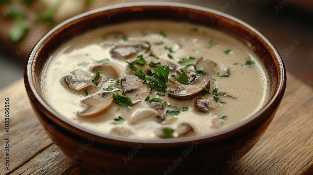 Bowl of mushroom soup resting on a wooden table Bowl of mushroom soup resting on a wooden table