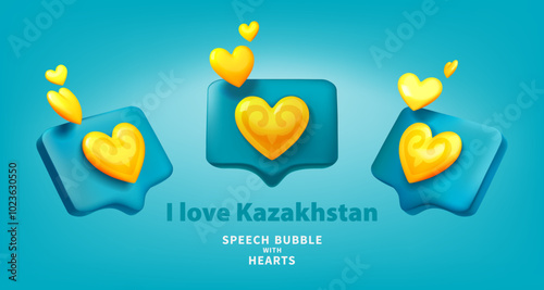 I love Kazakhstan. Set of 3D vector illustration of hearts in speech bubble icon. Blue text box with yellow hearts, decorated traditional kazakh ornament. Love social media notification