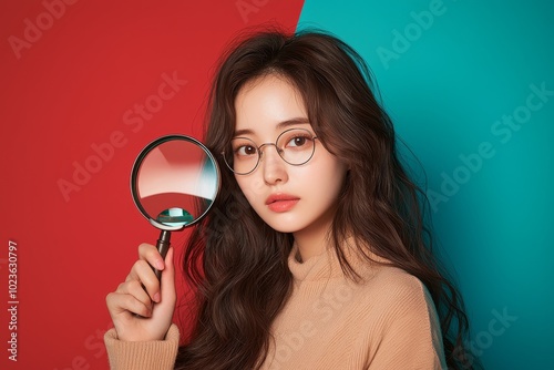 Intriguing Beauty Closeup of Young Woman with Magnifying Glass on Vibrant Red and Teal Background - Curiosity and Contemplation