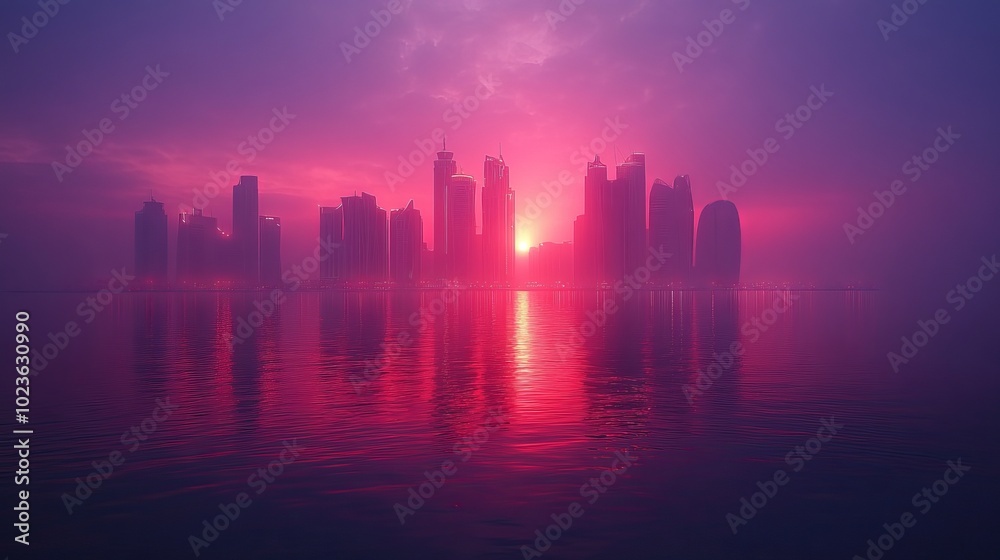 Obraz premium Сity view of sparkling high-rises from the sea side.