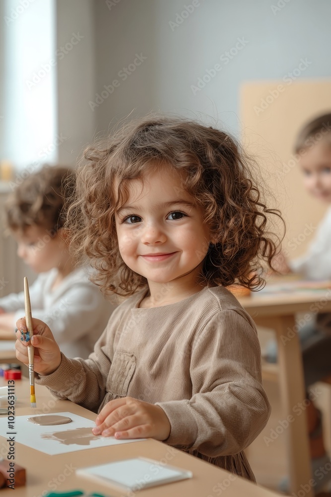 Joyful Artistic Moment Close-up Portrait of Smiling Girl Painting in a Warm Classroom Setting, Creative Childhood Expression Joyful Artistic Moment Close-up Portrait of Smiling Girl Painting in a Warm Classroom Setting, Creative Childhood Expression