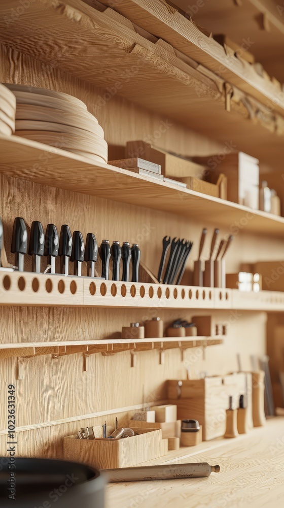 Close-Up of Wooden Shelves in a Workshop Close-Up of Wooden Shelves in a Workshop