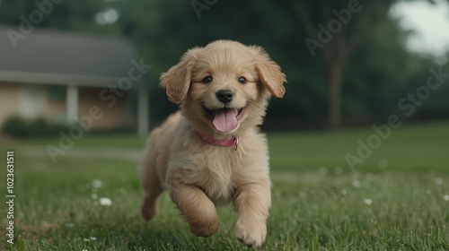 Joyful Golden Retriever Puppy Close-Up in Grass Field - Playful Pet Running, Happy Canine with Pink Collar, Greenery Background - Vibrant, Lively Animal Portrait for Pet Care, Happiness Concept