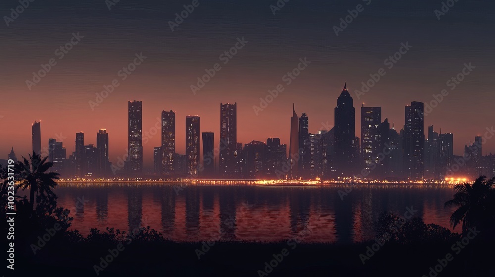 Fototapeta premium Sparkling city, view from the sea with high-rise buildings.