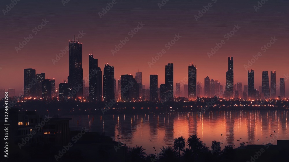Sea view of the city with majestic skyscrapers. Sea view of the city with majestic skyscrapers.