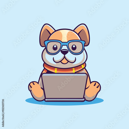 Cute Dog Wearing Glasses Using Laptop Computer Cartoon Vector Icon Illustration.