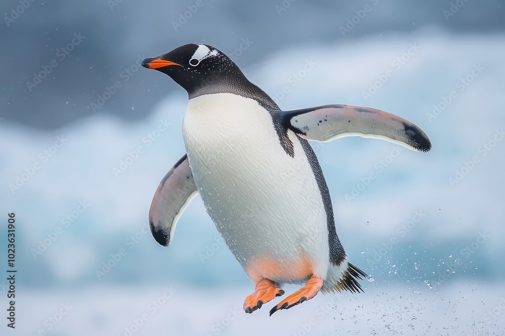 Fototapeta premium Majestic Gentoo Penguin Mid-Leap in Icy Splendor - Wildlife Elegance and Motion