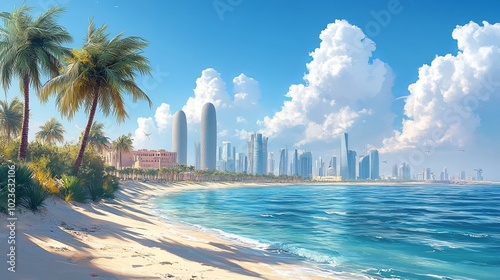 City skyscrapers, illuminated by night lights, with the sea horizon.