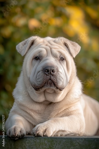 Closeup Portrait of Cream Shar-Pei Dog with Wrinkled Fur on Green Surface, Soft Lighting and Peaceful Mood for Pet Photography and Marketing