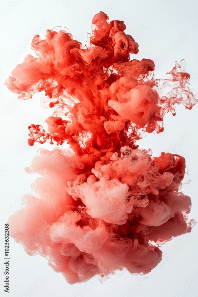 Vibrant Red Ink Swirl in Transparent Liquid - Abstract Macro View on White, Serene Fluid Art Concept Vibrant Red Ink Swirl in Transparent Liquid - Abstract Macro View on White, Serene Fluid Art Concept