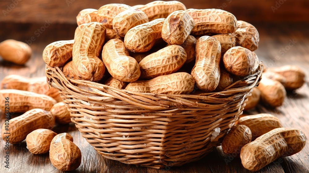 wicker basket overflowing with peanuts scattered on wooden table wicker basket overflowing with peanuts scattered on wooden table