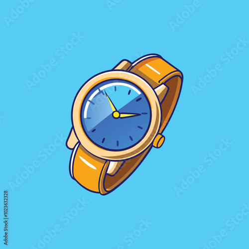 Cartoon Wrist Watch with Orange Strap and Blue Face Cartoon Vector Icon Illustration.