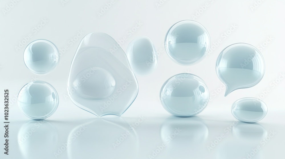 Abstract Composition of White Glass Spheres and Forms on a White Background Abstract Composition of White Glass Spheres and Forms on a White Background