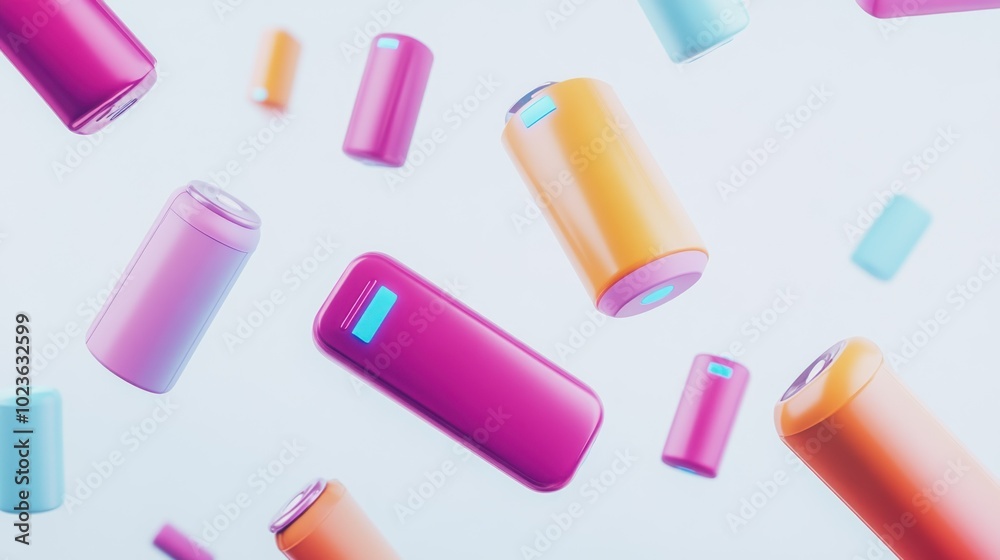 Colorful Cylindrical Cans Floating in White Space Colorful Cylindrical Cans Floating in White Space