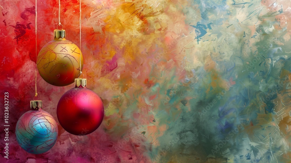 Holiday decorations on a vivid abstract background with a blend of rich hues. Holiday decorations on a vivid abstract background with a blend of rich hues.