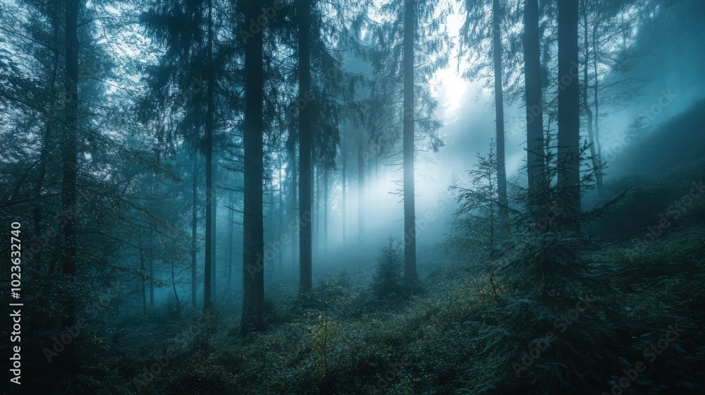 Fototapeta premium Misty Forest with Tall Trees and Sunlight Filtering Through the Canopy