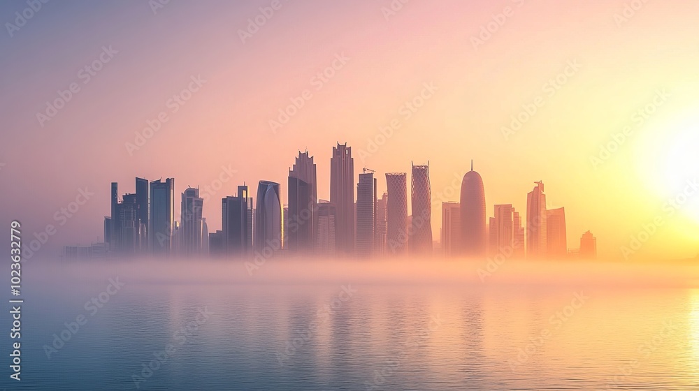 Hot horizon: city, sea and the glow of skyscrapers Hot horizon: city, sea and the glow of skyscrapers