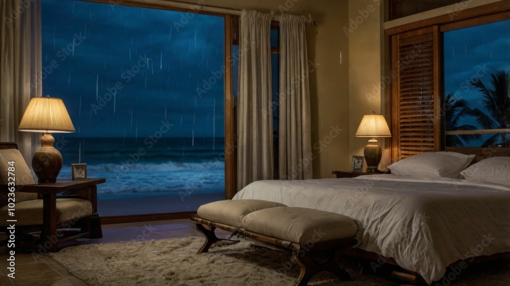 A serene bedroom with a large window that takes up most of the wall, offering a view of a moonlit beach on a stormy night.