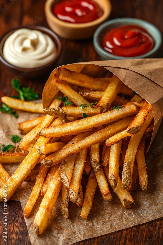 Golden Crispy French Fries in Brown Paper Bag with Dips on Wooden Table - Delicious Fast Food Snack Concept Golden Crispy French Fries in Brown Paper Bag with Dips on Wooden Table - Delicious Fast Food Snack Concept