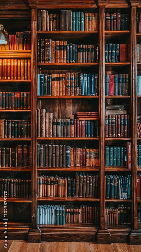 Wooden Shelving in a Cozy Library Setting Wooden Shelving in a Cozy Library Setting
