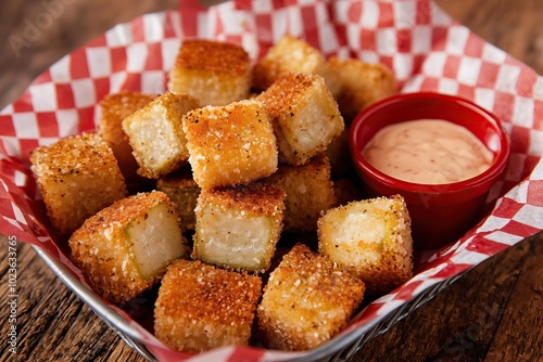 Crispy breaded bites served with creamy dipping sauce food photography photo