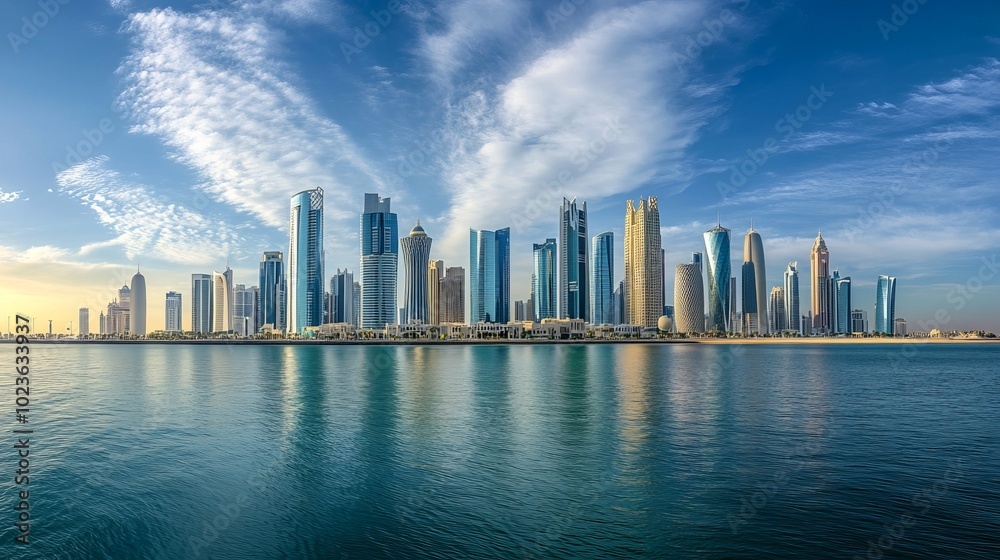 Fototapeta premium Panoramic view of the sparkling high-rises of the city under the hot sun, view from the sea.