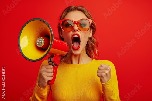 Black friday concept of  Hurry up. Stylish brunette woman screaming in loudspeaker, announces about final sales and discounts day, black friday  , copy space for text, photo