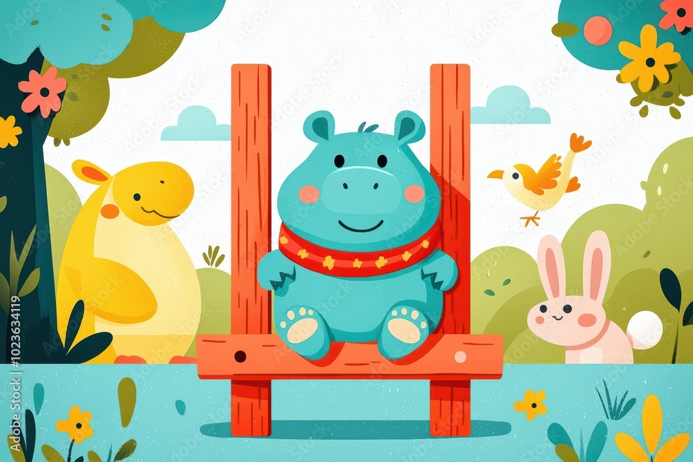 Fototapeta premium A colorful illustration of cute animals playing in a vibrant forest setting, featuring a hippo, rabbit, and bird.