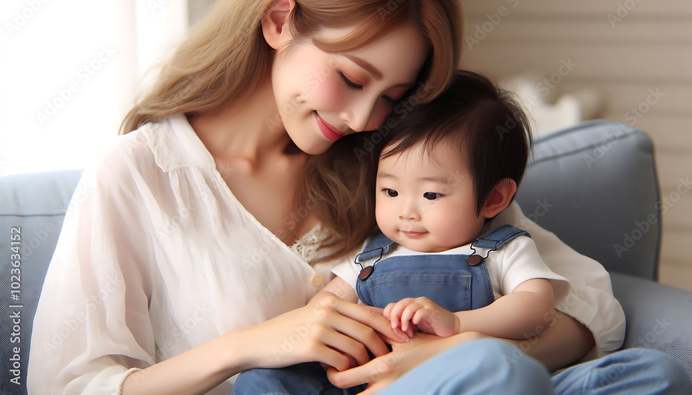 A joyful mother smiling at her baby in bed, capturing the love and bond of family during a peaceful moment A joyful mother smiling at her baby in bed, capturing the love and bond of family during a peaceful moment