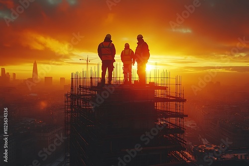 Construction workers on a building site at sunset. Concept of teamwork.