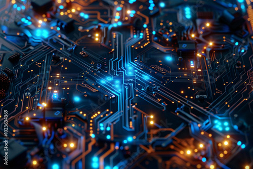 Abstract Circuit Board with glowing blue and orange lights