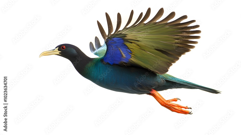 Fototapeta premium Purple Gallinule Bird Flying White Background, Photo Realistic, Pattern Background, Wallpaper, Cover and Screen for Smartphone, PC, Laptop, 9:16 and 16:9 Format