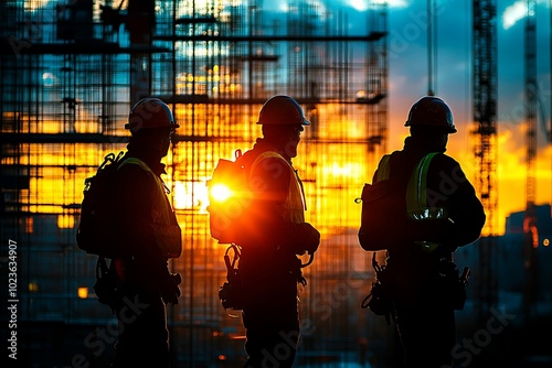 Construction workers on a building site at sunset. Concept of teamwork.