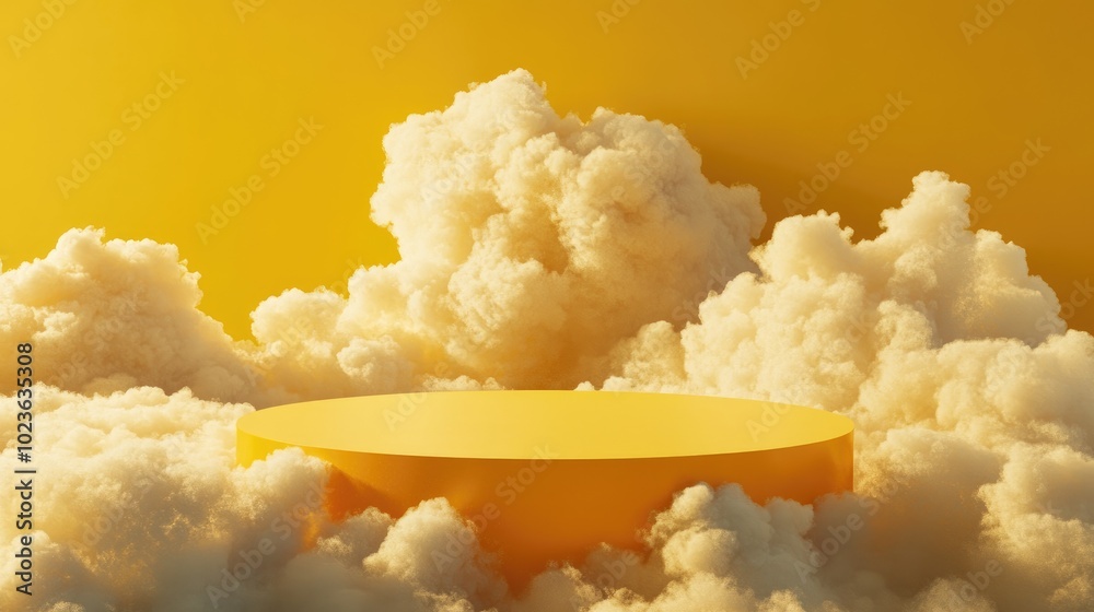 3D render of a yellow podium surrounded by clouds for showcasing products 3D render of a yellow podium surrounded by clouds for showcasing products